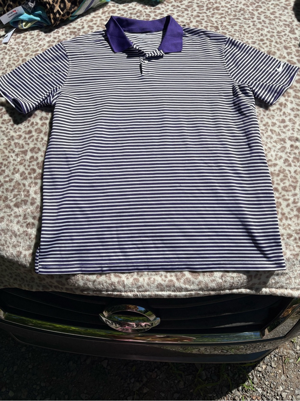 Nike Dri-Fit  Size Large Purple and White  Striped Polo Shirt with